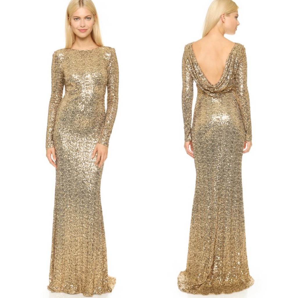 Badgley Mischka Gold Dara Long Sleeve Sequined Gown Dress 8